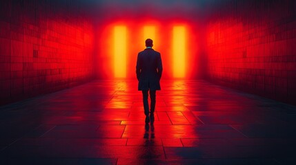 Wall Mural - A man is walking down a dark hallway with red walls and glowing lights