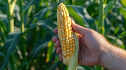 Poster - A hand holding an ear of corn in a field, showcasing agricultural produce.