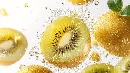 Wall Mural - Sliced kiwi fruit splashing in water with air bubbles and leaves.