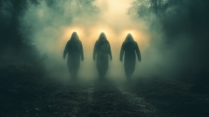 Canvas Print - Three people in hazmat suits walking through a foggy forest