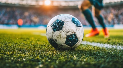 Wall Mural - A close-up of a soccer ball on the field with a player in motion in the background.