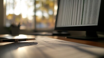 Wall Mural - A workspace with a computer displaying data, papers, and a pen in soft lighting.