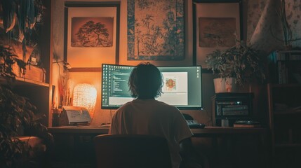 Canvas Print - A person working on a computer in a cozy, dimly lit room surrounded by plants and artwork.