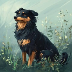 Sticker - A digital painting of a dog sitting in a lush, green environment.