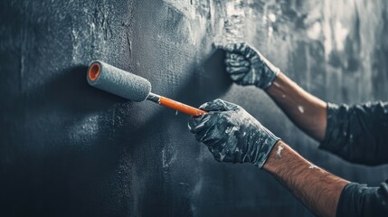 Poster - Person painting a wall with a roller, showcasing a home improvement activity.