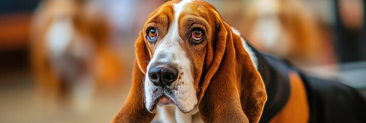 Wall Mural - A close-up of a Basset Hound with soulful eyes, surrounded by other dogs.