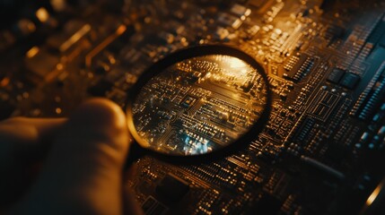 Canvas Print - A close-up view of a circuit board examined through a magnifying glass.