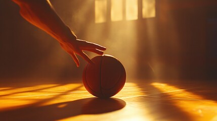 Wall Mural - A hand gently dribbles a basketball, illuminated by soft, golden light in a gym.