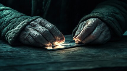 Canvas Print - A pair of aged hands gently holding a glowing card on a rustic wooden surface.