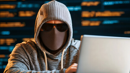 A mysterious figure in a hoodie and sunglasses focuses on a laptop, conveying themes of cybersecurity, anonymity, and digital threats in a dark, urban setting.