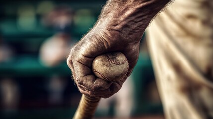 Sticker - A close-up of a hand gripping a baseball bat with a baseball resting in the palm.