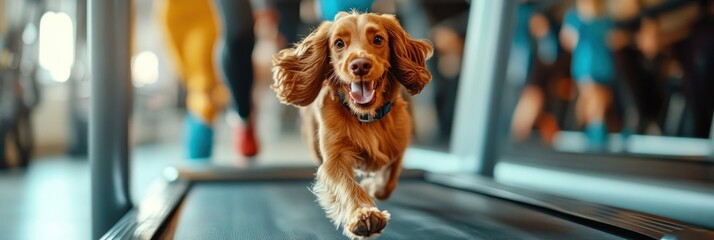 Poster - A dog joyfully running on a treadmill in a gym setting.