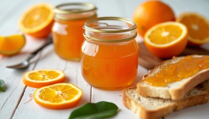 Jars of homemade orange marmalade with fresh orange slices and bread on a white wooden table. Breakfast and preserves concept for food design or recipe book