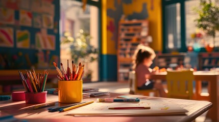 Canvas Print - A vibrant classroom filled with art supplies and a child engaged in creative activities.