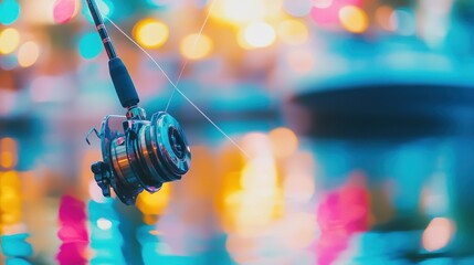 Wall Mural - A fishing reel hangs above a shimmering water surface, reflecting vibrant city lights.