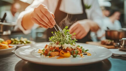 Poster - A chef garnishing a gourmet dish with microgreens in a bustling kitchen.