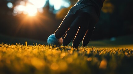 Wall Mural - A golfer's hand reaches for a ball on a sunlit green, capturing a moment in sports.