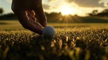 A hand gently places a golf ball on the grass at sunset, capturing a moment in sports.