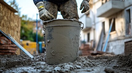 Canvas Print - A construction worker mixing concrete in a bucket at a building site.