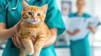 Wall Mural - A veterinarian holding an orange cat with a colleague in the background.