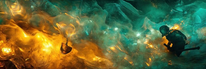 Canvas Print - A surreal underwater scene with glowing elements and a diver exploring the environment.