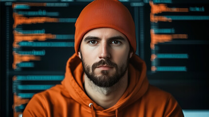 A focused male coder wearing an orange beanie and hoodie, working in a modern tech environment. The glow of computer screens highlights his concentration on coding tasks.