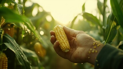 Poster - A hand holding an ear of corn in a sunlit field, emphasizing agriculture and harvest.