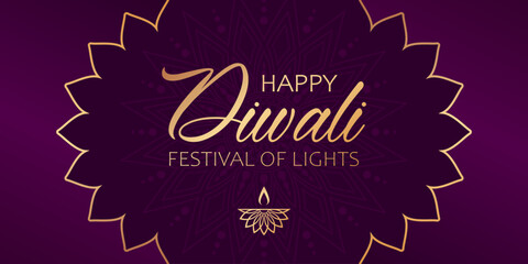 Golden text Happy Diwali, festival of lights and diya lamp on purple background with floral frame. Elegant festive banner design for hindu festival Diwali.