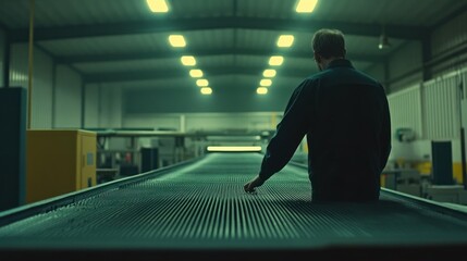 Poster - A person inspects a conveyor belt in an industrial setting, highlighting manufacturing processes.