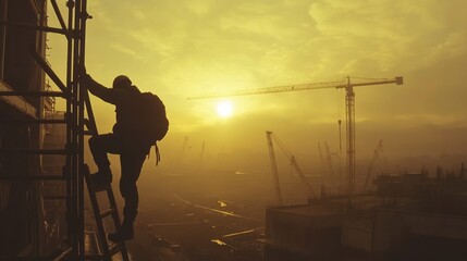 Poster - A silhouette of a worker climbing a ladder at a construction site during sunset.