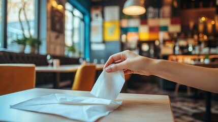 Wall Mural - A hand placing a napkin on a table in a cozy café setting.