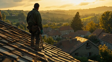 Wall Mural - A worker stands on a rooftop, overlooking a serene landscape at sunset.