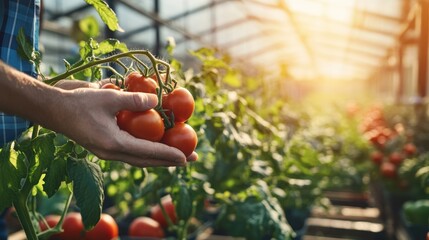 Poster - A hand holding ripe tomatoes in a greenhouse, showcasing agricultural growth and freshness.