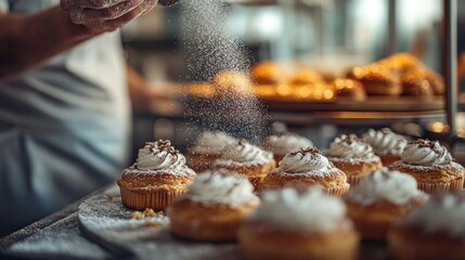 Sticker - Freshly decorated cupcakes being prepared with powdered sugar in a bakery setting.