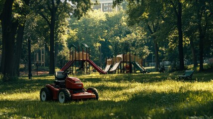 Poster - A serene park scene featuring a lawn mower and a playground surrounded by lush greenery.