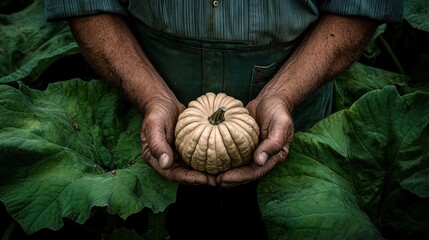 Poster - A person holds a pale pumpkin among large green leaves in a garden setting.