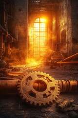 Poster - steampunk inspired scene featuring large gear resting on pipe in industrial setting. warm glow of sunlight filters through window, creating dramatic atmosphere filled with dust and shadows