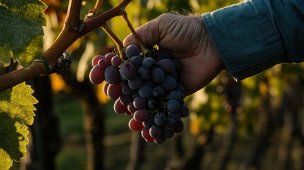 Sticker - A hand holding a bunch of ripe grapes in a vineyard, showcasing agricultural beauty.