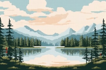 Sticker - Cross stitch lake forest landscape wilderness vegetation.