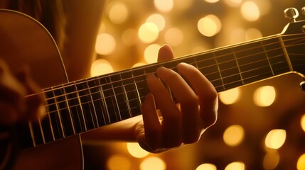 Poster - A close-up of a hand playing an acoustic guitar, with a warm, bokeh background.