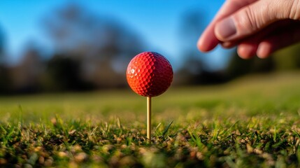 Poster - A hand placing a red golf ball on a tee in a grassy field.