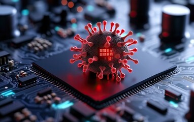 Digital representation of a virus on a microchip, showcasing the intersection of technology and health.