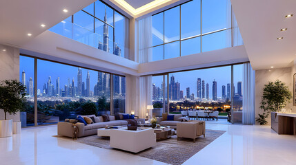 Wall Mural - luxury architecture house in Dubai, 3d interior of contemporary art deco living dining room, modern expensive designer furniture, big glass windows, city skyline skyscraper, landmark tower background.