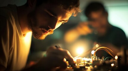 Canvas Print - A focused individual working on electronic components in a dimly lit environment.