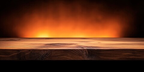 Poster - Wooden Table with Dark Background and Orange Light