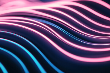 Canvas Print - Abstract image featuring neon light waves in vibrant pink and blue colors, creating a fluid, futuristic pattern with smooth, wavy lines on a dark background.