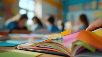 Canvas Print - A colorful book with sticky notes in a classroom, suggesting study and collaboration.