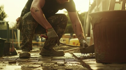 Poster - A worker laying bricks on a construction site during sunset.