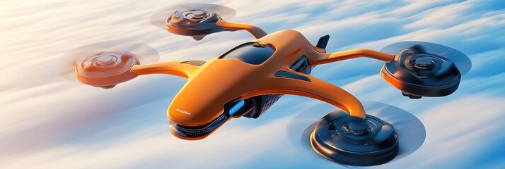 Canvas Print - A futuristic orange flying vehicle with four rotors, designed for aerial transport.