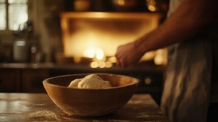 Poster - A rustic kitchen scene with dough in a bowl, emphasizing preparation for baking.